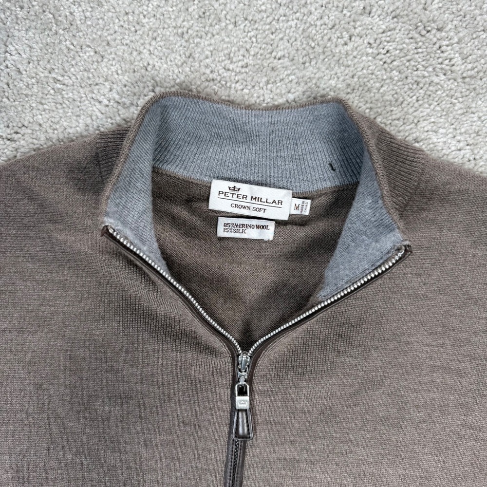 Peter Millar Crown Soft Mens M Brown Merino Silk 1/4 Zip Pullover Sweater READ - Picture 3 of 11